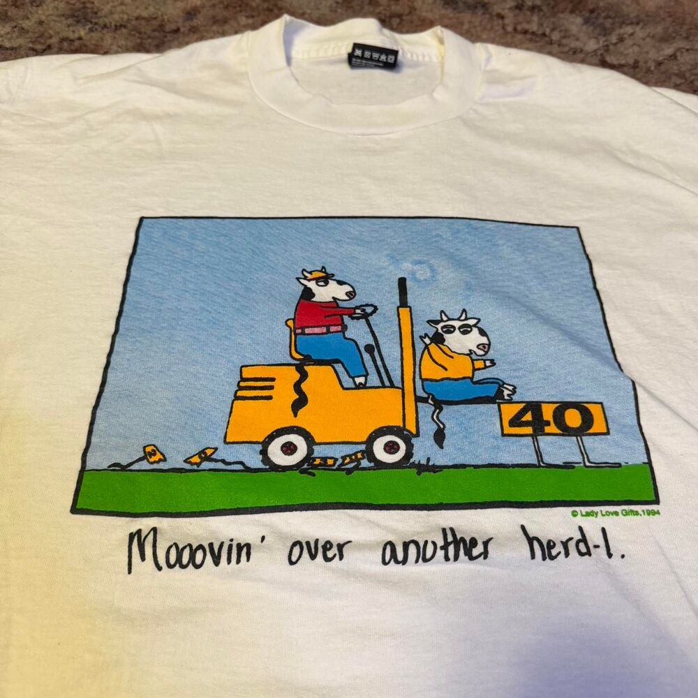 Vintage 1994 Cow Humor Graphic Tee Single Stitch Nature Size XL Men's